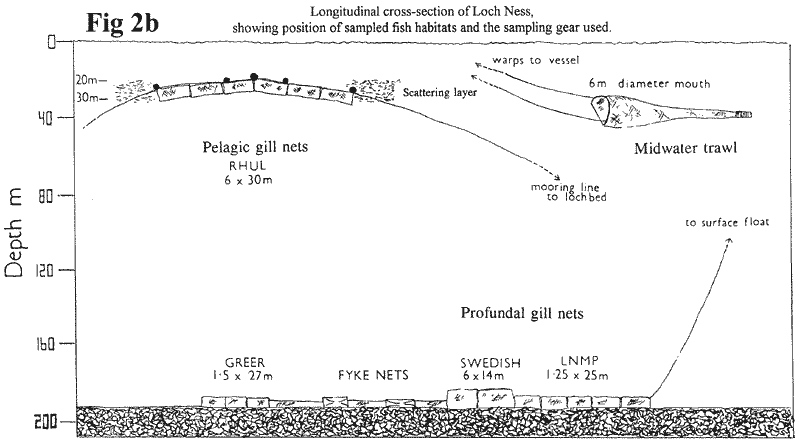 Loch Ness Longitudinal Cross-section Showing Position of Sampled Fish Habitats and the Sampling Gear Used
