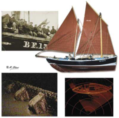 Composite image of the crew of Pansy on the early 20th century, a fully rigged Zulu, an underwater image of the wreck's bukwarks and a sonar image of the entire wreck.