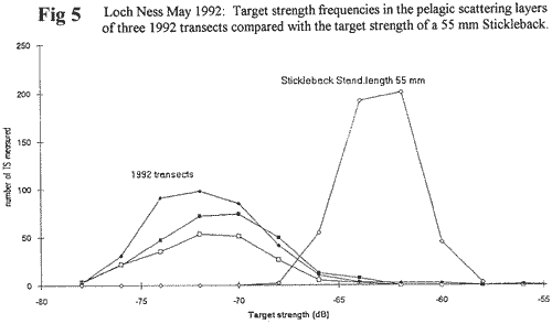 Loch Ness Target Strength Frequencies in the Pelagic Scattering Layers of three 1992 Transects Compared with the Target Strength of a 55mm Stickleback.